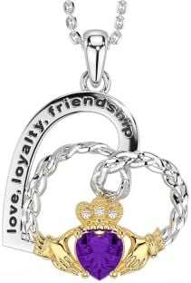 Diamond Amethyst Gold Silver Celtic Claddagh Heart Irish "Love, Loyalty, & Friendship" Necklace