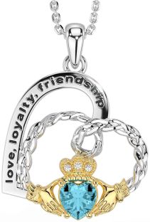 Diamond Aquamarine Gold Silver Celtic Claddagh Heart Irish "Love, Loyalty, & Friendship" Necklace