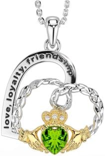 Diamond Peridot Gold Silver Celtic Claddagh Heart Irish "Love, Loyalty, & Friendship" Necklace