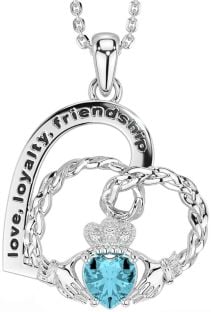 Diamond Aquamarine White Gold Celtic Claddagh Heart Irish "Love, Loyalty, & Friendship" Necklace