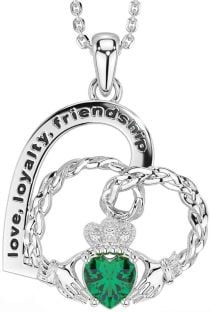 Diamond Emerald White Gold Celtic Claddagh Heart Irish "Love, Loyalty, & Friendship" Necklace