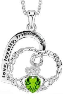 Diamond Peridot White Gold Celtic Claddagh Heart Irish "Love, Loyalty, & Friendship" Necklace