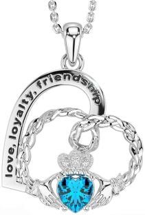 Diamond Topaz White Gold Celtic Claddagh Heart Irish "Love, Loyalty, & Friendship" Necklace