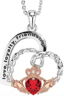 Diamond Ruby White Rose Gold Celtic Claddagh Heart Irish "Love, Loyalty, & Friendship" Necklace