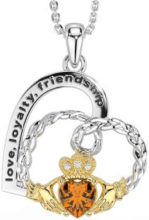 Diamond Citrine White Yellow Gold Celtic Claddagh Heart Irish "Love, Loyalty, & Friendship" Necklace