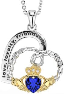 Diamond Sapphire White Yellow Gold Celtic Claddagh Heart Irish "Love, Loyalty, & Friendship" Necklace