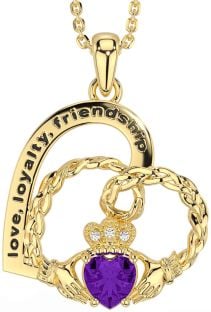 Diamond Amethyst Gold Celtic Claddagh Heart Irish "Love, Loyalty, & Friendship" Necklace