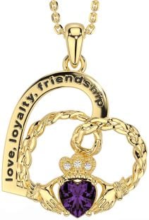 Diamond Alexandrite Gold Celtic Claddagh Heart Irish "Love, Loyalty, & Friendship" Necklace