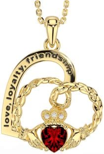 Diamond Garnet Gold Celtic Claddagh Heart Irish "Love, Loyalty, & Friendship" Necklace