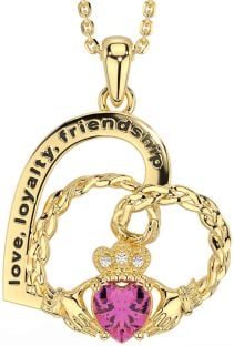 Diamond Pink Tourmaline Gold Celtic Claddagh Heart Irish "Love, Loyalty, & Friendship" Necklace