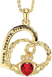 Diamond Ruby Gold Celtic Claddagh Heart Irish "Love, Loyalty, & Friendship" Necklace