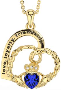 Diamond Sapphire Gold Celtic Claddagh Heart Irish "Love, Loyalty, & Friendship" Necklace