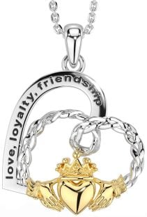 White Yellow Gold Celtic Claddagh Heart Necklace