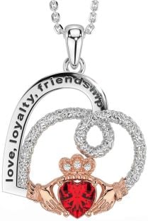 Diamond Ruby Rose Gold Silver Celtic Claddagh Heart Irish "Love, Loyalty, & Friendship" Necklace