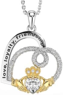 Diamond Gold Silver Celtic Claddagh Heart Irish "Love, Loyalty, & Friendship" Necklace