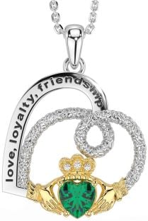 Diamond Emerald Gold Silver Celtic Claddagh Heart Irish "Love, Loyalty, & Friendship" Necklace