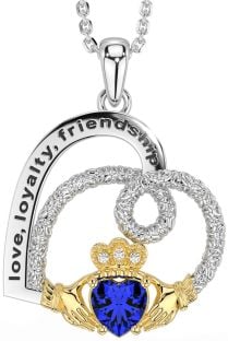 Diamond Sapphire Gold Silver Celtic Claddagh Heart Irish "Love, Loyalty, & Friendship" Necklace