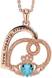 Diamond Aquamarine Rose Gold Silver Celtic Claddagh Heart Irish "Love, Loyalty, & Friendship" Necklace