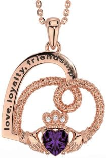 Diamond Alexandrite Rose Gold Silver Celtic Claddagh Heart Irish "Love, Loyalty, & Friendship" Necklace