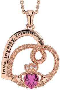 Diamond Pink Tourmaline Rose Gold Silver Celtic Claddagh Heart Irish "Love, Loyalty, & Friendship" Necklace