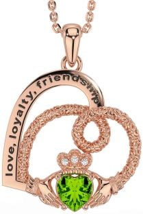 Diamond Peridot Rose Gold Silver Celtic Claddagh Heart Irish "Love, Loyalty, & Friendship" Necklace