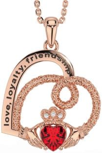 Diamond Ruby Rose Gold Silver Celtic Claddagh Heart Irish "Love, Loyalty, & Friendship" Necklace