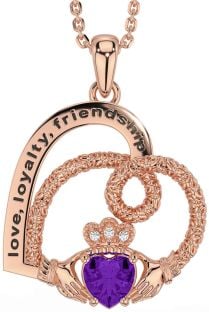 Diamond Amethyst Rose Gold Celtic Claddagh Heart Irish "Love, Loyalty, & Friendship" Necklace