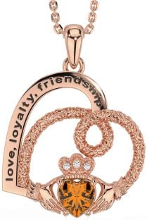 Diamond Citrine Rose Gold Celtic Claddagh Heart Irish "Love, Loyalty, & Friendship" Necklace