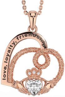 Diamond Rose Gold Celtic Claddagh Heart Irish "Love, Loyalty, & Friendship" Necklace