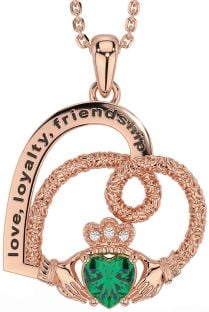 Diamond Emerald Rose Gold Celtic Claddagh Heart Irish "Love, Loyalty, & Friendship" Necklace