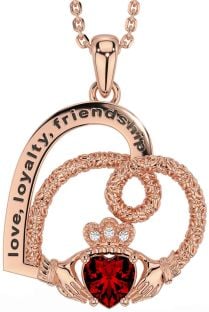 Diamond Garnet Rose Gold Celtic Claddagh Heart Irish "Love, Loyalty, & Friendship" Necklace