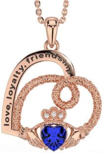 Diamond Sapphire Rose Gold Celtic Claddagh Heart Irish "Love, Loyalty, & Friendship" Necklace