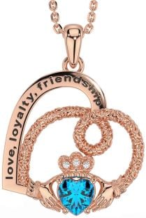 Diamond Topaz Rose Gold Celtic Claddagh Heart Irish "Love, Loyalty, & Friendship" Necklace