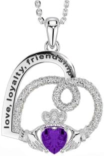 Diamond Amethyst Silver Celtic Claddagh Heart Irish "Love, Loyalty, & Friendship" Necklace