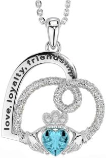 Diamond Aquamarine Silver Celtic Claddagh Heart Irish "Love, Loyalty, & Friendship" Necklace