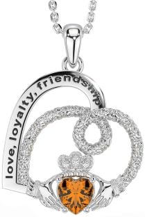 Diamond Citrine Silver Celtic Claddagh Heart Irish "Love, Loyalty, & Friendship" Necklace