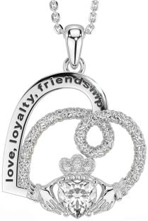 Diamond Silver Celtic Claddagh Heart Irish "Love, Loyalty, & Friendship" Necklace