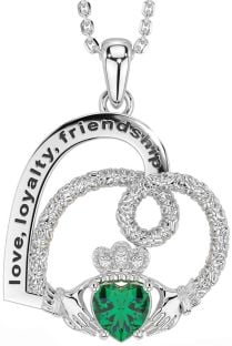 Diamond Emerald Silver Celtic Claddagh Heart Irish "Love, Loyalty, & Friendship" Necklace