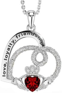 Diamond Garnet Silver Celtic Claddagh Heart Irish "Love, Loyalty, & Friendship" Necklace