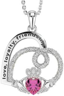 Diamond Pink Tourmaline Silver Celtic Claddagh Heart Irish "Love, Loyalty, & Friendship" Necklace