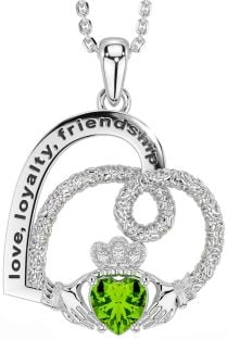 Diamond Peridot Silver Celtic Claddagh Heart Irish "Love, Loyalty, & Friendship" Necklace