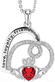 Diamond Ruby Silver Celtic Claddagh Heart Irish "Love, Loyalty, & Friendship" Necklace