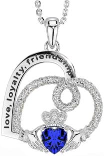 Diamond Sapphire Silver Celtic Claddagh Heart Irish "Love, Loyalty, & Friendship" Necklace