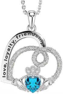 Diamond Topaz Silver Celtic Claddagh Heart Irish "Love, Loyalty, & Friendship" Necklace