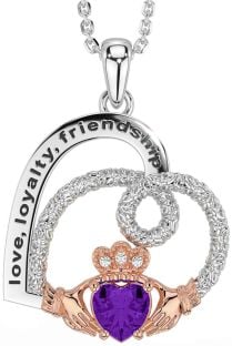 Diamond Amethyst Rose Gold Silver Celtic Claddagh Heart Irish "Love, Loyalty, & Friendship" Necklace