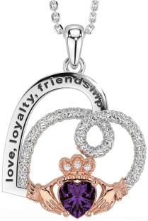 Diamond Alexandrite Rose Gold Silver Celtic Claddagh Heart Irish "Love, Loyalty, & Friendship" Necklace