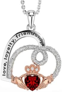 Diamond Garnet Rose Gold Silver Celtic Claddagh Heart Irish "Love, Loyalty, & Friendship" Necklace