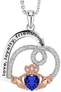 Diamond Sapphire Rose Gold Silver Celtic Claddagh Heart Irish "Love, Loyalty, & Friendship" Necklace