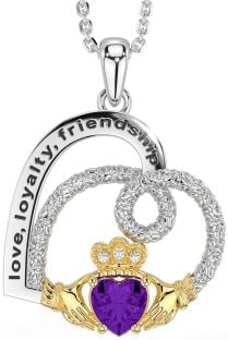 Diamond Amethyst Gold Silver Celtic Claddagh Heart Irish "Love, Loyalty, & Friendship" Necklace