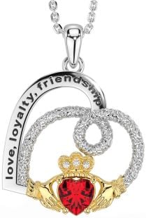 Diamond Ruby Gold Silver Celtic Claddagh Heart Irish "Love, Loyalty, & Friendship" Necklace